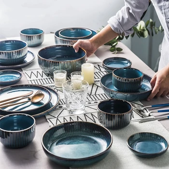 הבית הירוק קרמיקה מזוגגים שולחן יצירתי כחול רטרו בית כלי מטבח גדול צלחת מרק להגדיר
